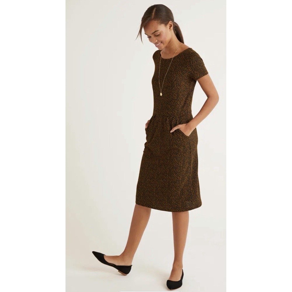 Boden Women's Brown Cotton Leopard Phoebe Midi Dress Pockets Casual Size 12R